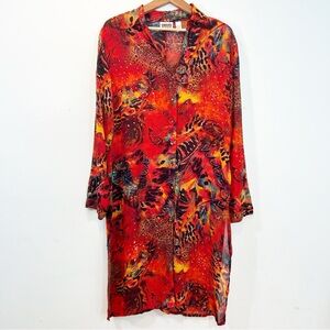 VTG Chico's Sheer Long Red Tunic Top Cardigan Button Cheetah Boho Sz 1 Medium